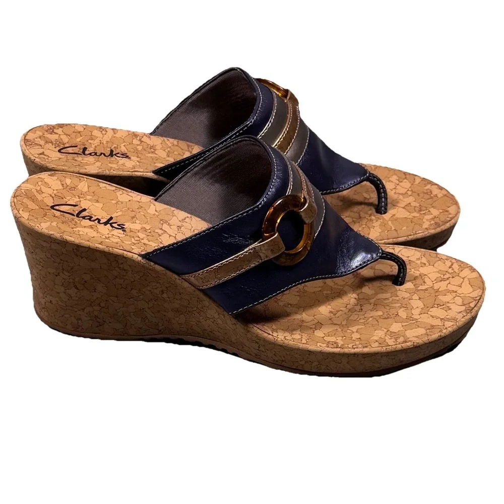 Clarks Women's Yacht Anchor Cork Wedge Flip Flop Sandals Size 10M Blue With‎ Box